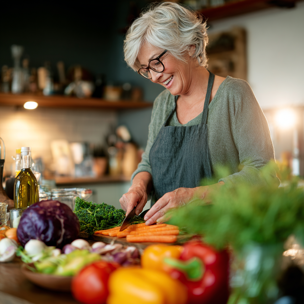 Persoană în vârstă de 55 de ani pregătind o masă sănătoasă în bucătărie cu ingrediente proaspete și colorat