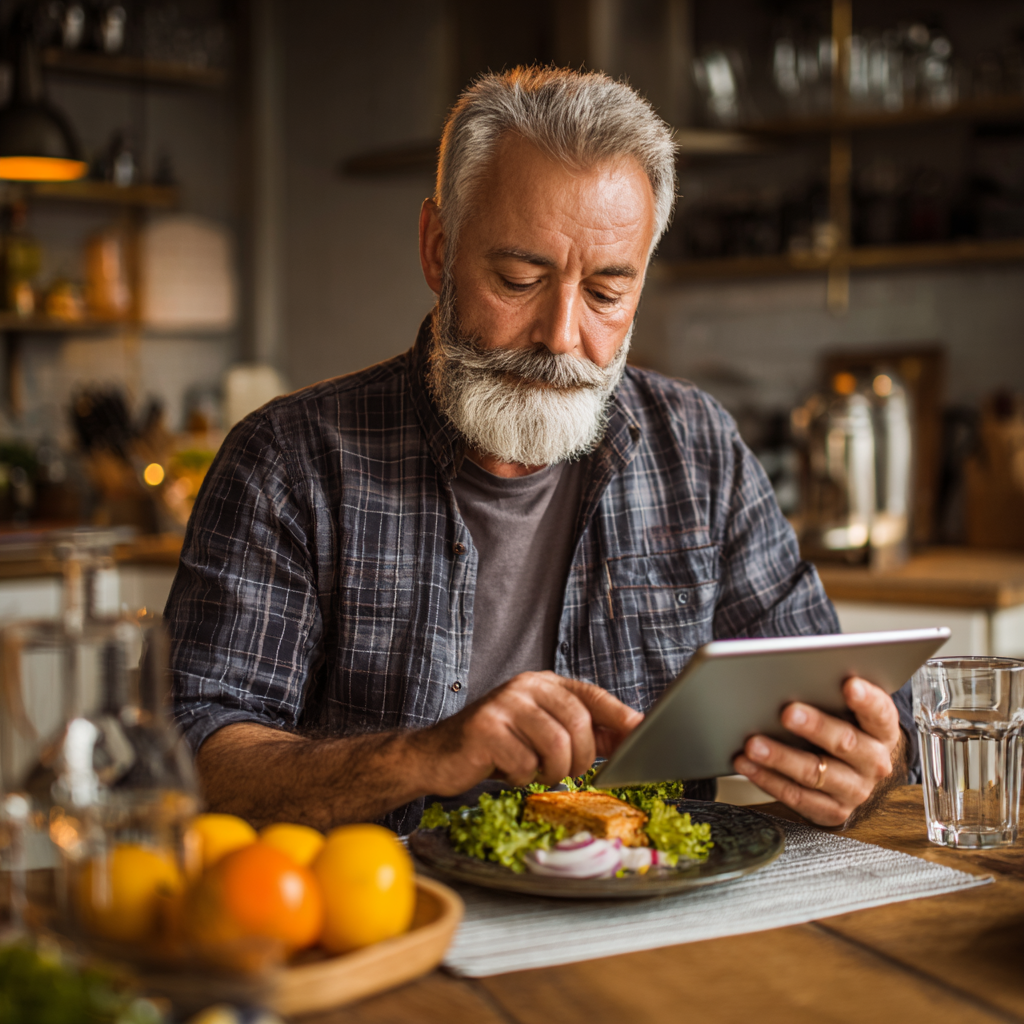 Bărbat în vârstă de 62 de ani citind cu atenție informații nutriționale pe o tabletă în timp ce savurează o masă sănătoasă